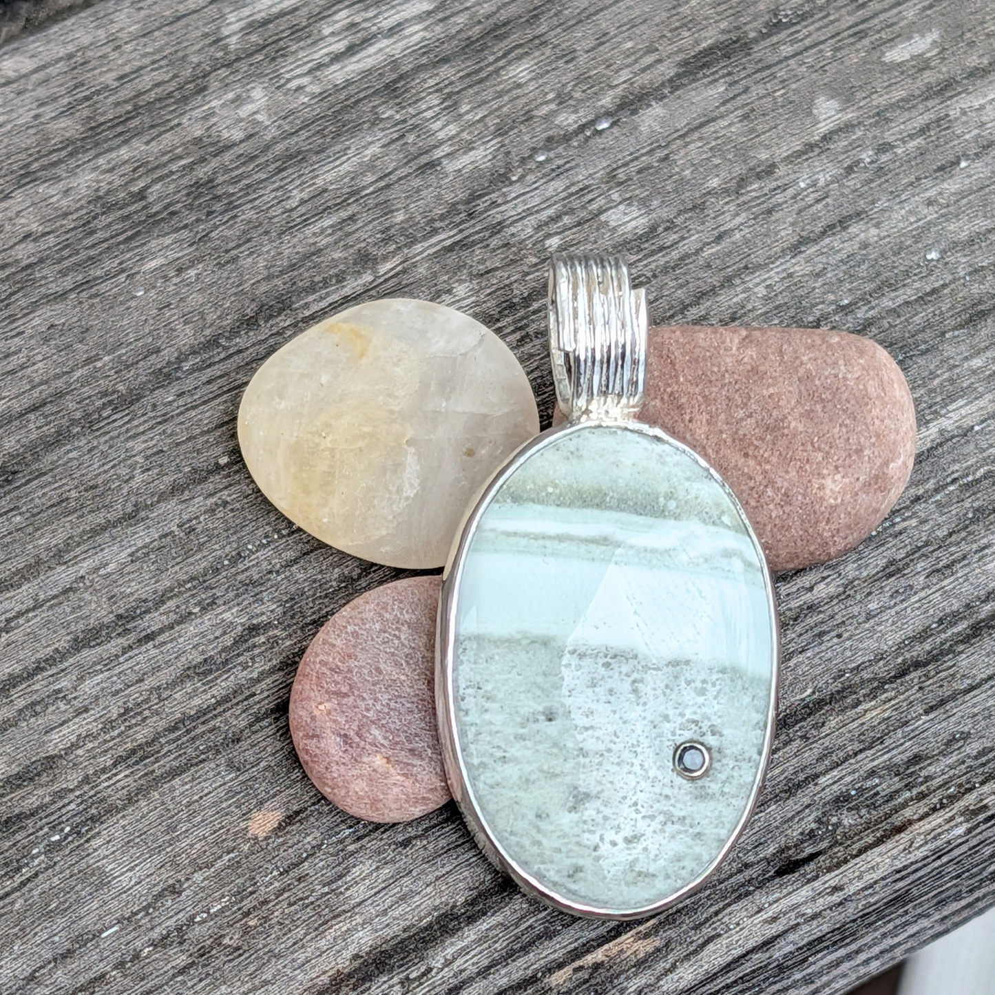 Chalcedony Pendant with Sapphire on a Silver Chain