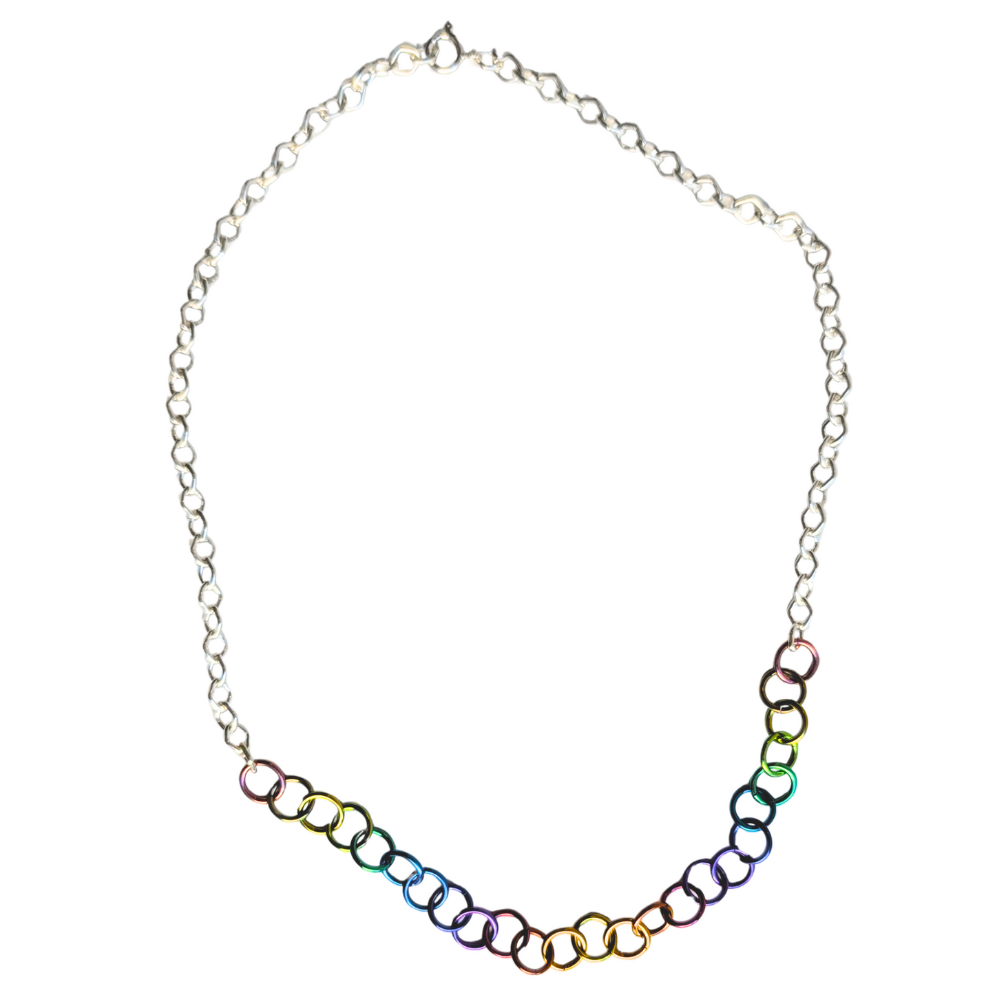 Necklace with multicolored chain links on a white background