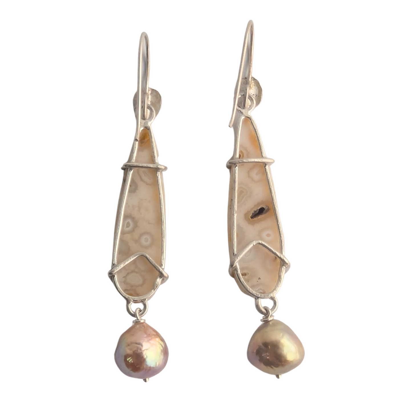 Silver Dangle Fossilized Coral Earrings with Pearl