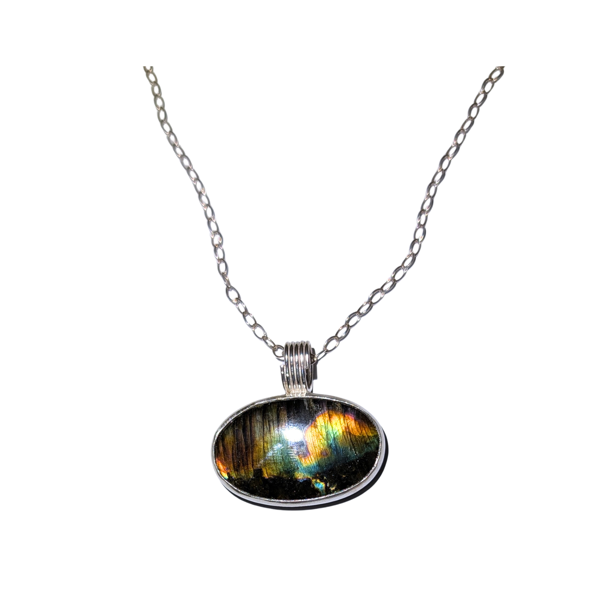 Spectrolite Pendant with a Silver Chain