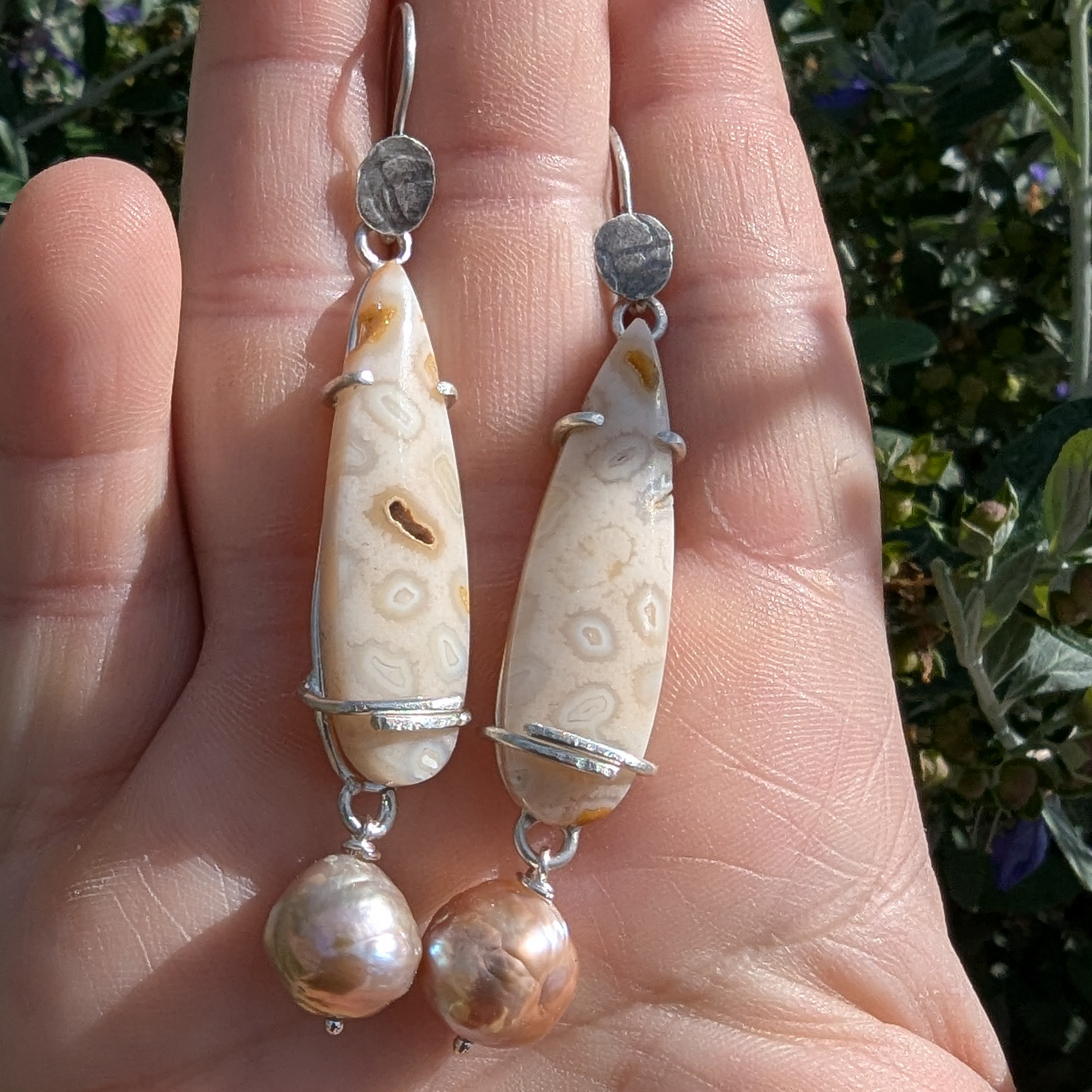 Silver Dangle Fossilized Coral Earrings with Pearl