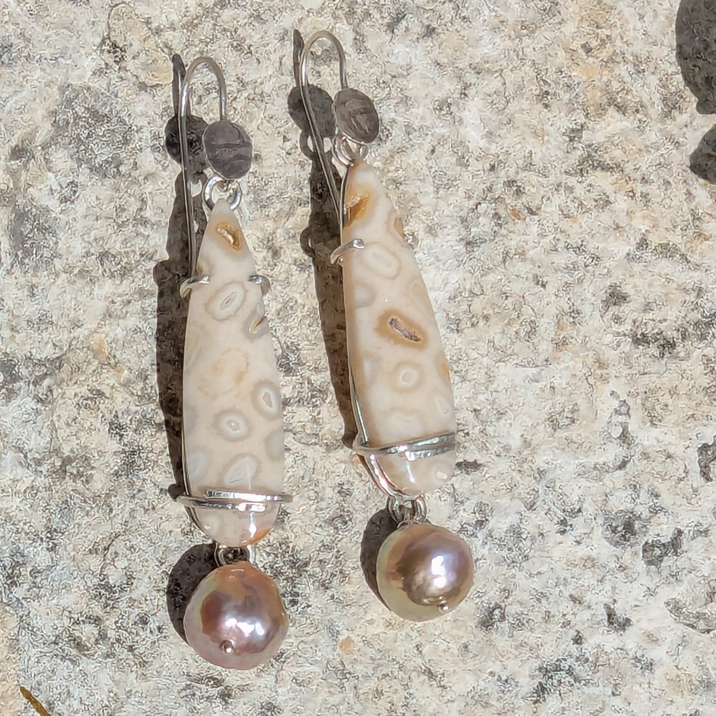 Silver Dangle Fossilized Coral Earrings with Pearl