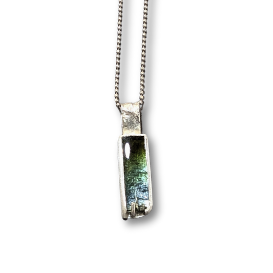 Geometric Silver Pendant with Blue Green Brown Tourmaline