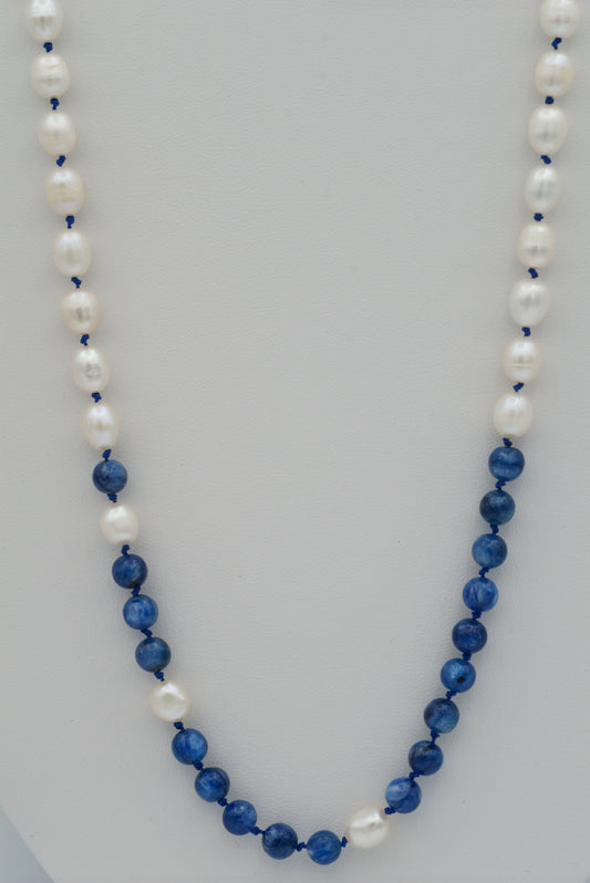 Oval Pearls with Kyanite on Blue Silk (long)