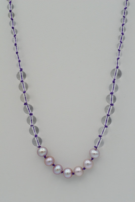 Lavender Pearls with Quartz on Amethyst Silk (long)