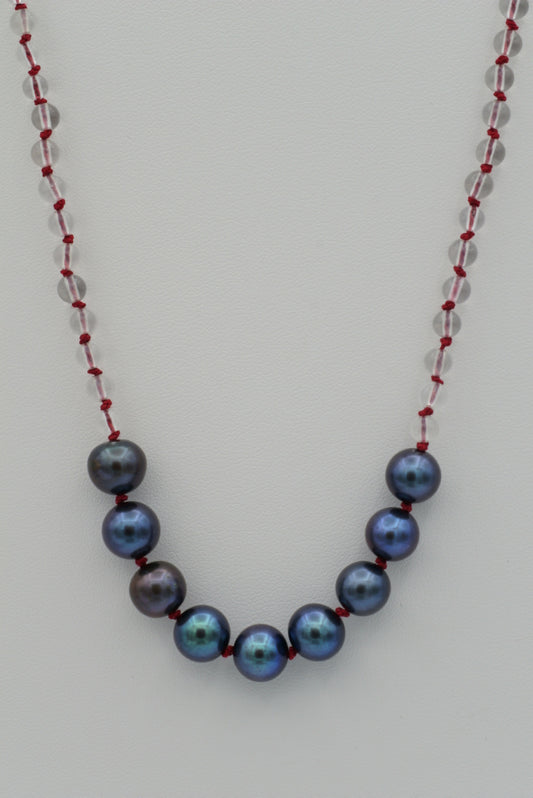 Black Pearls with Quartz on Red Silk (short)
