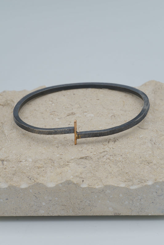 Rose Gold Offset Connections Oxidized Silver Bangle