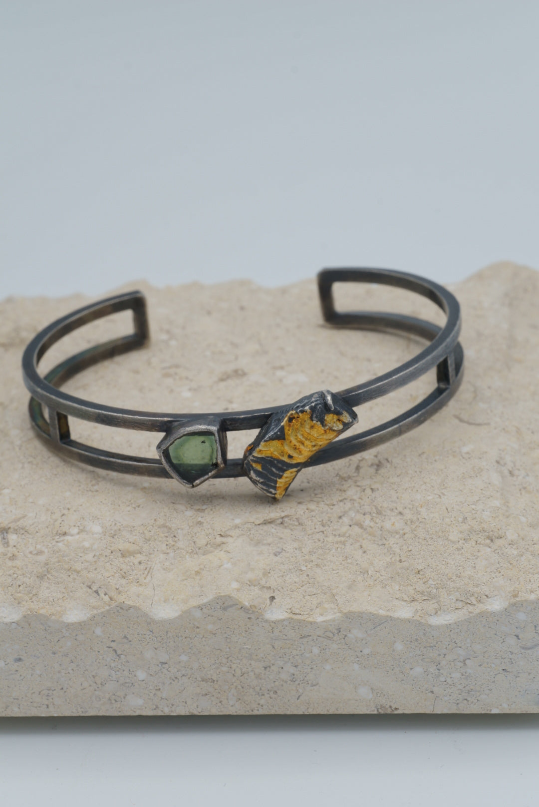 Geometric Green Tourmaline and Gold Accent Cuff