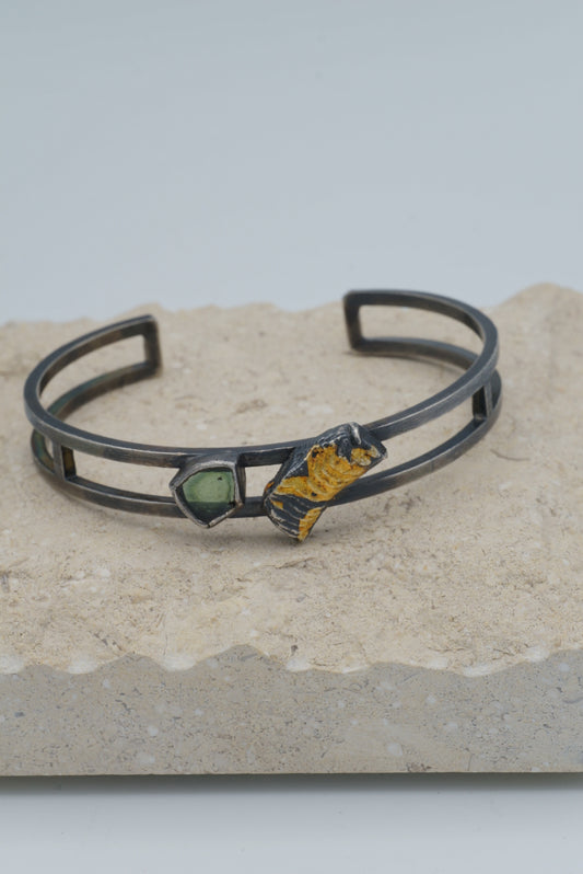 Geometric Green Tourmaline and Gold Accent Cuff