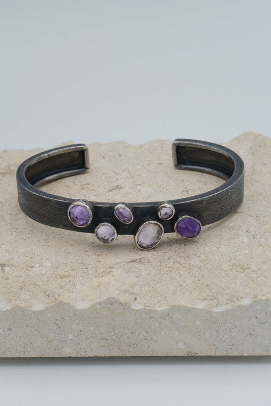 Textured Oxidized Silver Amethyst Cluster Cuff