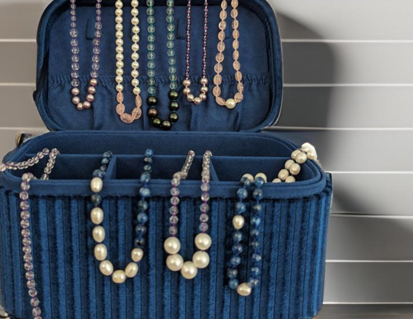 Oval Pearls with Kyanite on Blue Silk (short)