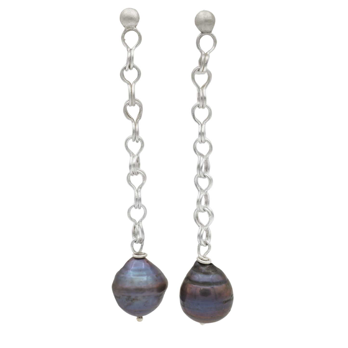 Silver Sailors Chain Dangle Earrings with Black Pearls