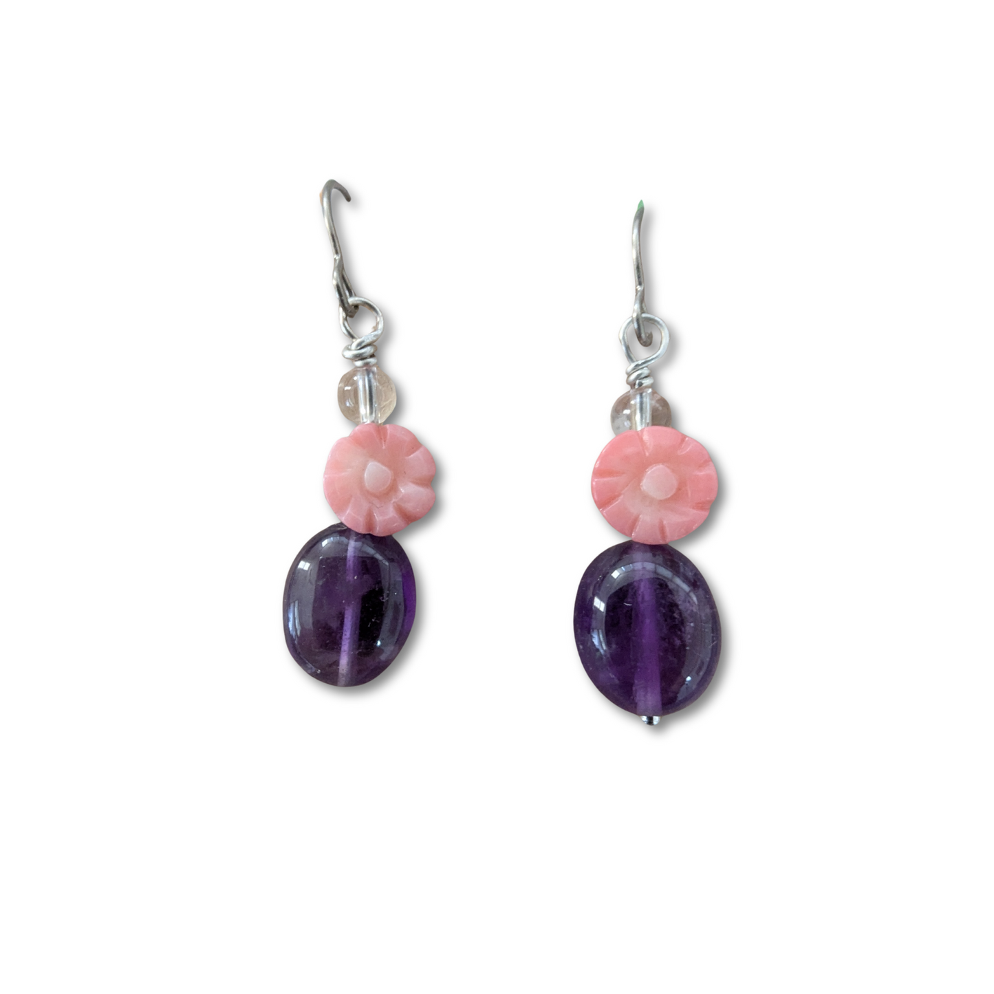 Pink Flower and Amethyst Dangle Earring