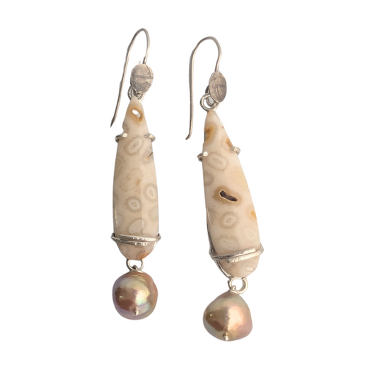 Silver Dangle Fossilized Coral Earrings with Pearl
