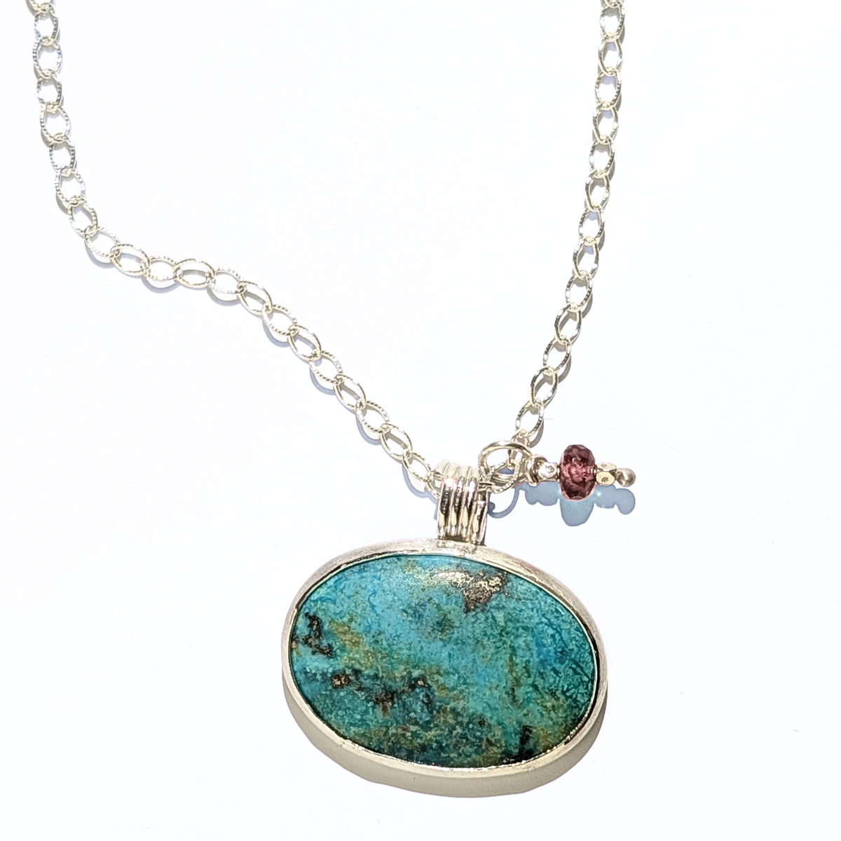 Chrysocolla Pendant with Tourmaline on a Silver Chain