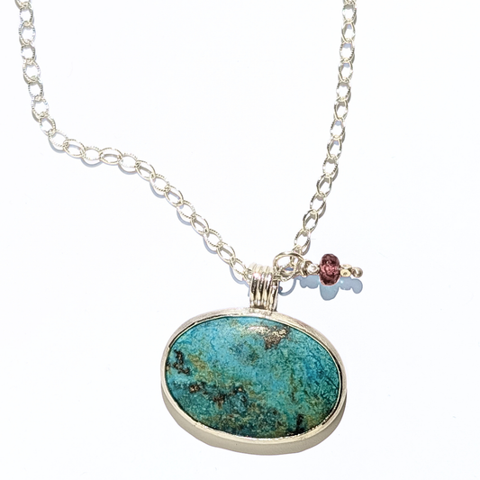 Chrysocolla Pendant with Tourmaline on a Silver Chain