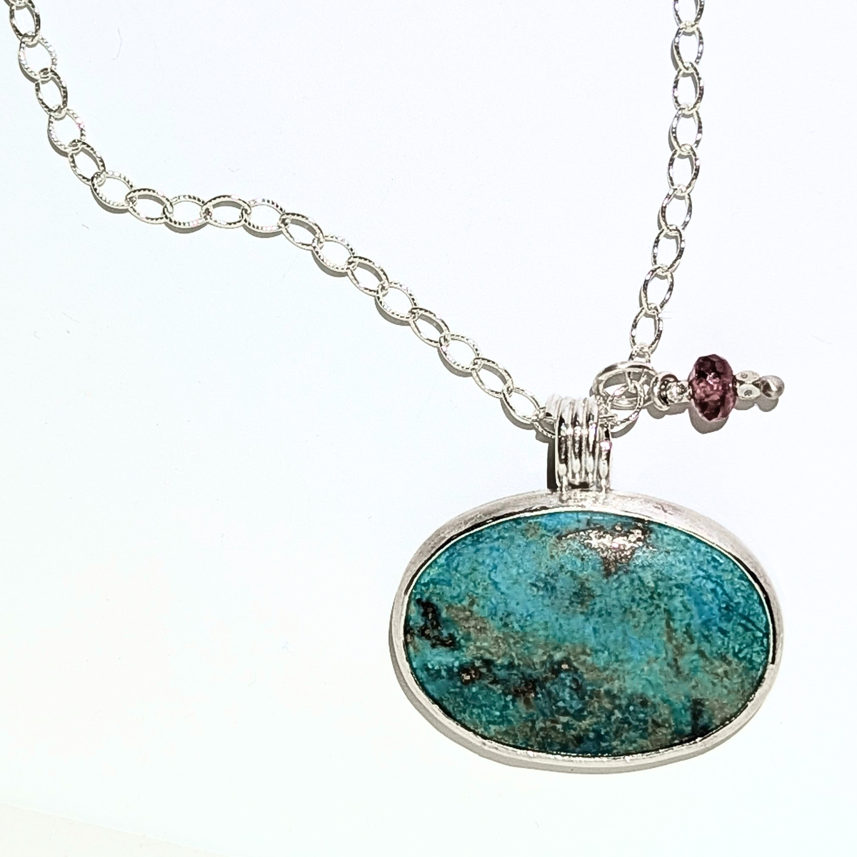 Chrysocolla Pendant with Tourmaline on a Silver Chain