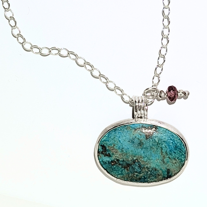 Chrysocolla Pendant with Tourmaline on a Silver Chain