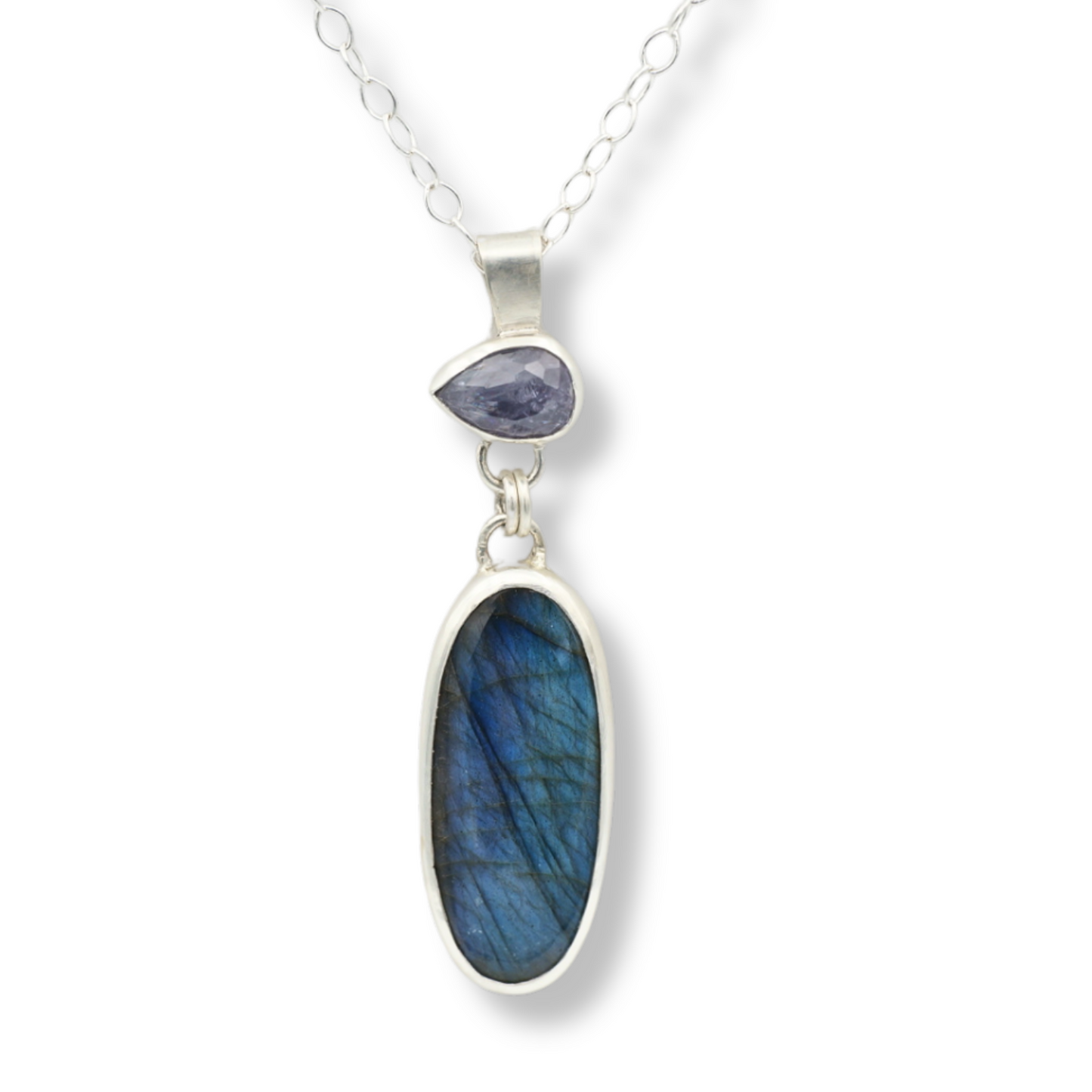 Oval Labradorite and Purple Spinel Pendant with Silver Chain