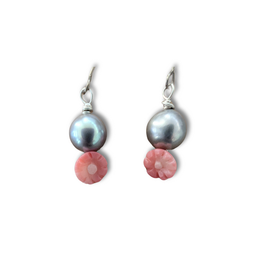 Gray Pearl and Pink Flower Dangle Earring