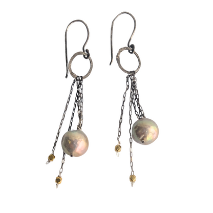 Dark Silver Loop Dangle Pearl Earrings