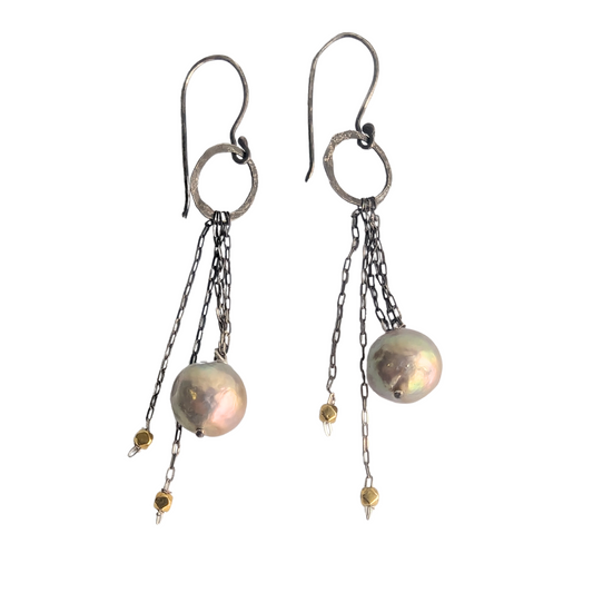 Dark Silver Loop Dangle Pearl Earrings