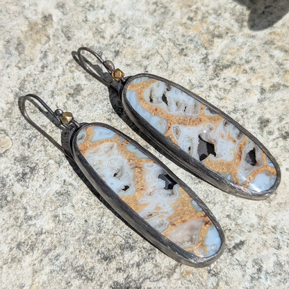 Dark Silver Dangle Fossilized Wood Earrings