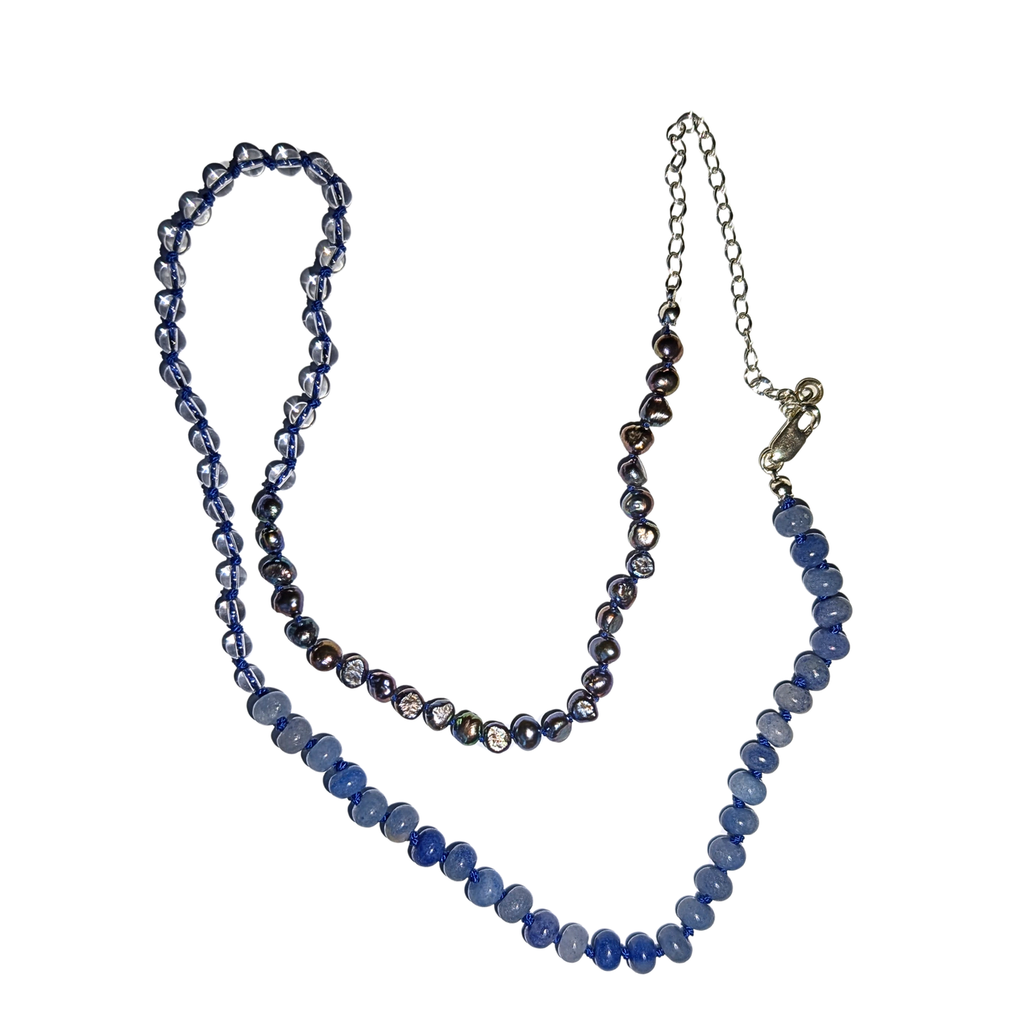 Mixed Aventurine, Pearl and Rock Crystal Necklace with Sterling Silver