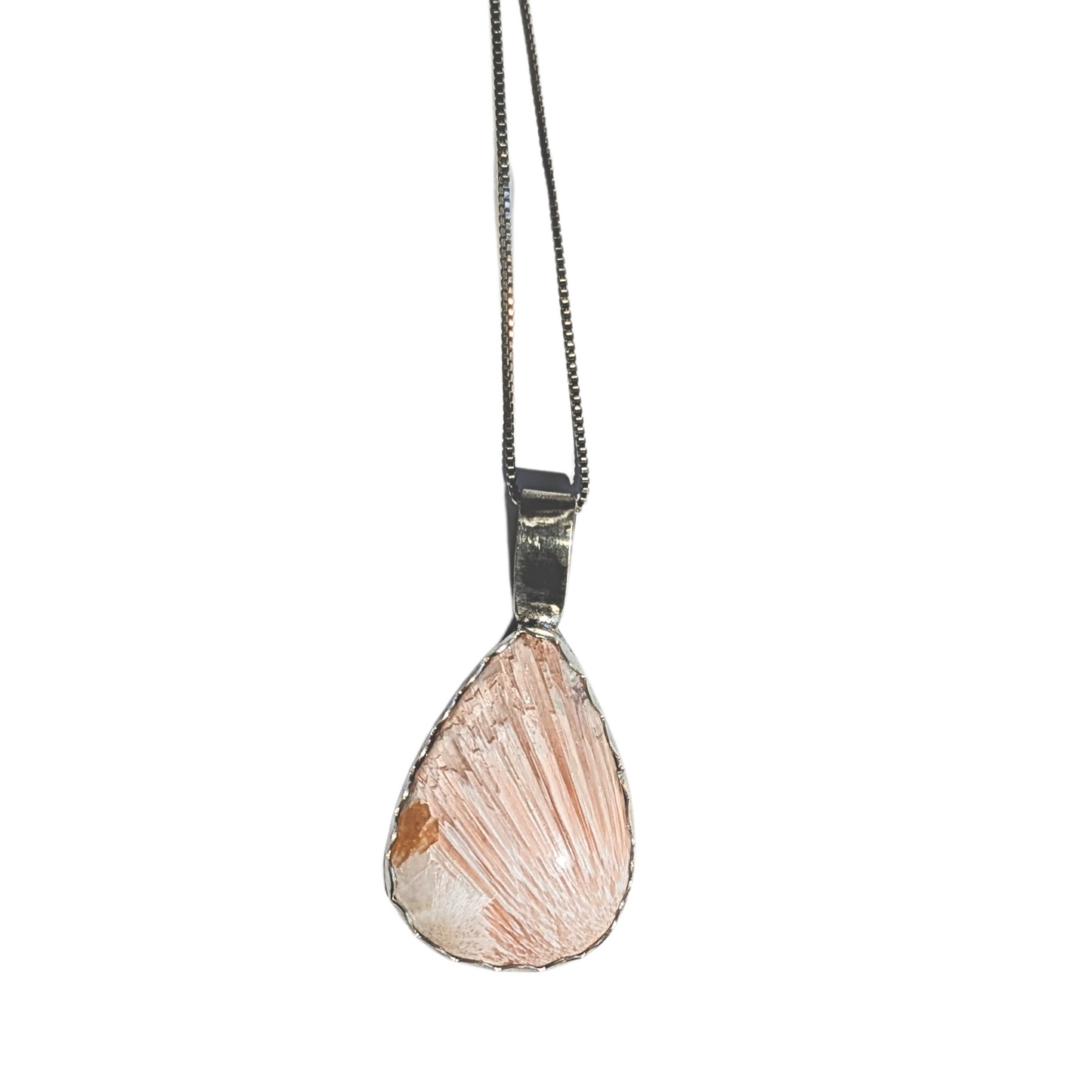 A teardrop-shaped pendant necklace featuring a natural pinkish-orange seashell in a silver bezel setting, suspended from a thin silver chain against a plain white background.