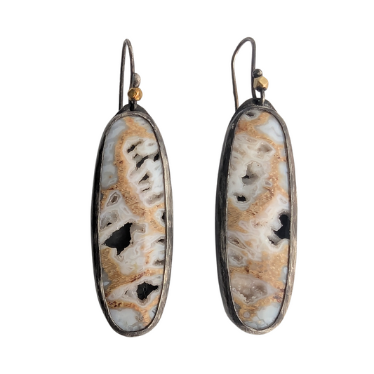 Dark Silver Dangle Fossilized Wood Earrings