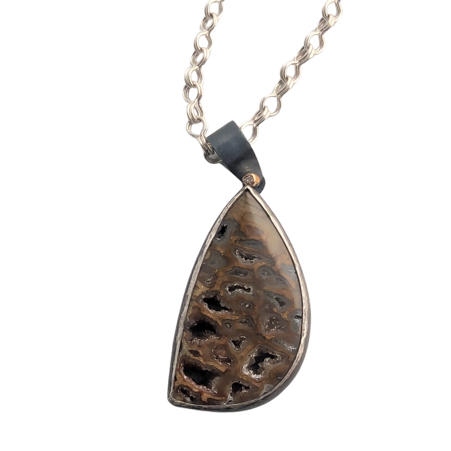 Dark Silver Fossilized Wood Pendant with Champagne Diamond