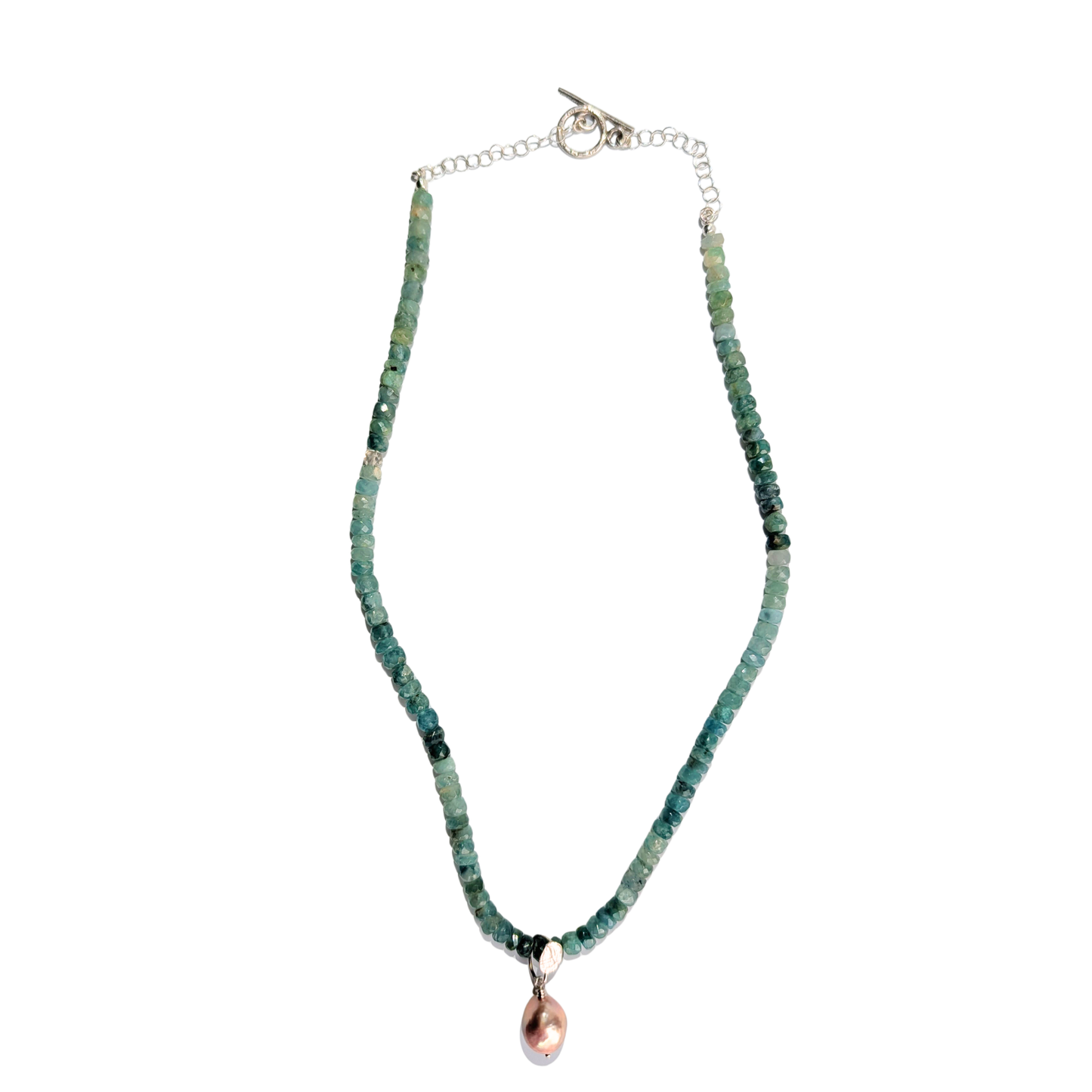 Blue-Green Grandidierite Necklace with Pearl Charm