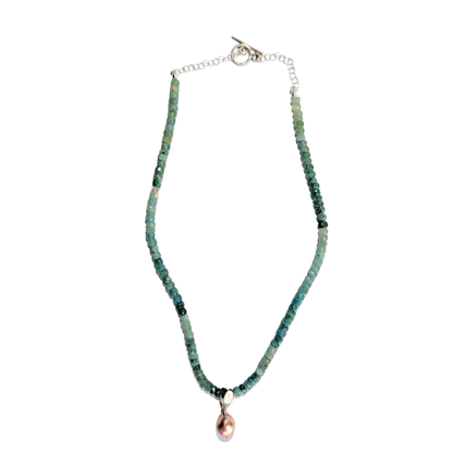 Blue-Green Grandidierite Necklace with Pearl Charm