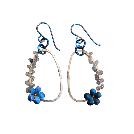 Niobium Flower and Sterling Silver Dangle Earrings with Fluorite Beads