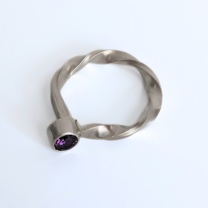 Twisted Silver Ring with Purple CZ - Size 9