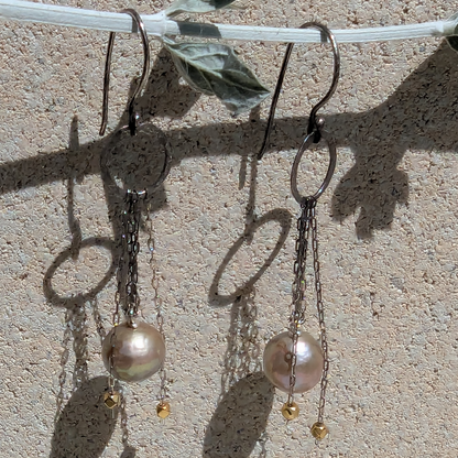 Dark Silver Loop Dangle Pearl Earrings