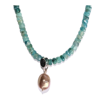 Blue-Green Grandidierite Necklace with Pearl Charm