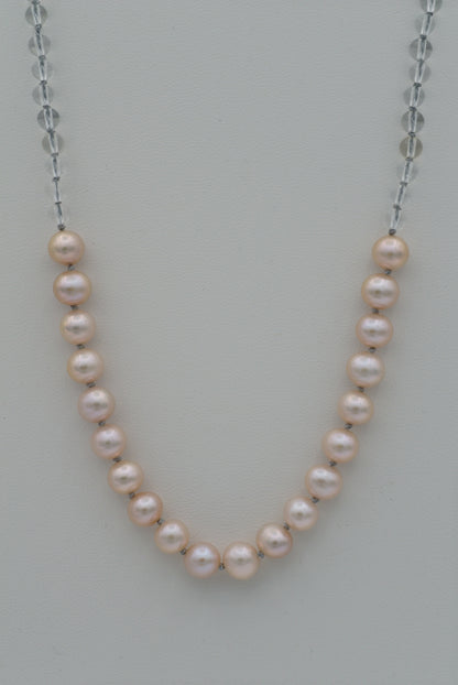 Pale Pink Pearls with Quartz on Gray Silk (long)