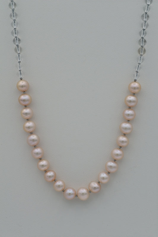 Pale Pink Pearls with Quartz on Gray Silk (long)