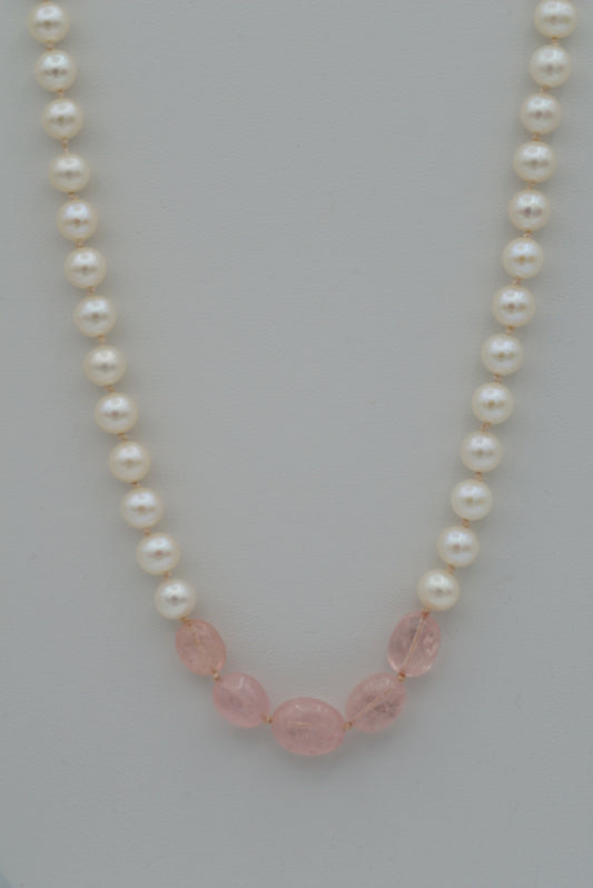 Pearls with  Morganite on Pale Pink Silk (long)