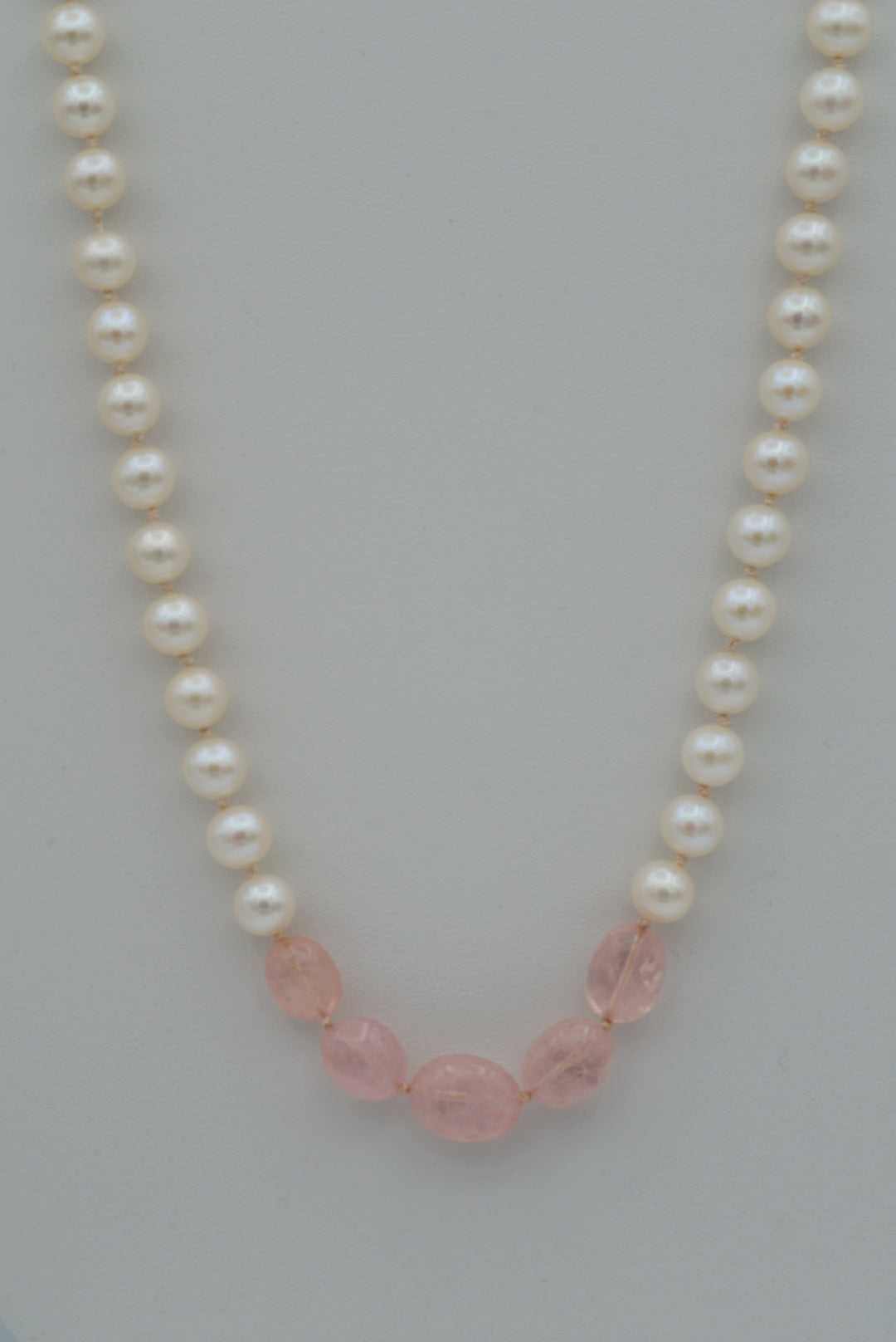 Pearls with  Morganite on Pale Pink Silk (long)