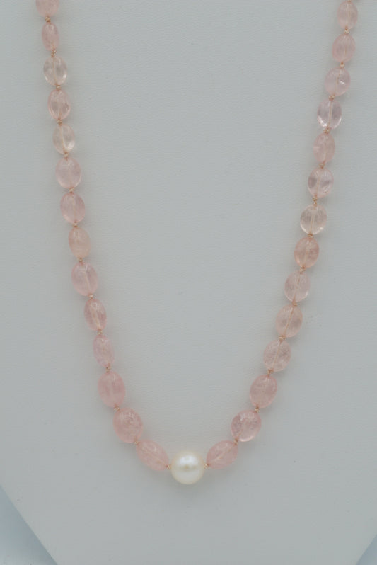 Single Pearl with Morganite on Pale Pink  Silk (long)