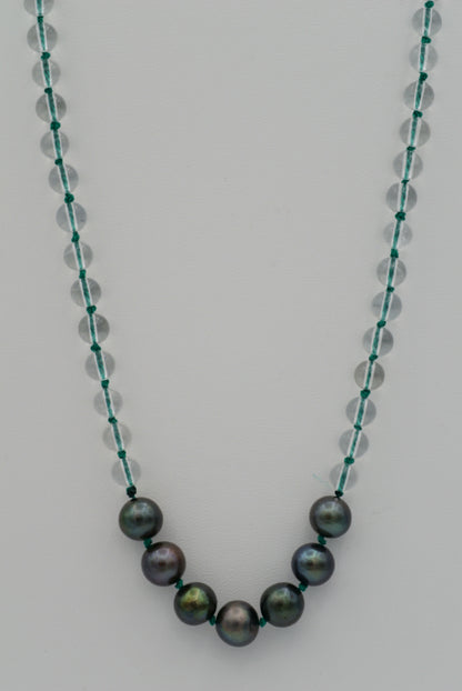 Black Pearls with Quartz on Green Silk (long)