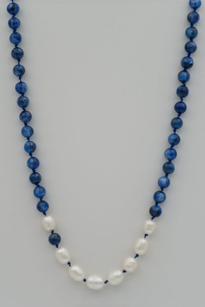 Oval Pearls with Kyanite on Blue Silk (short)
