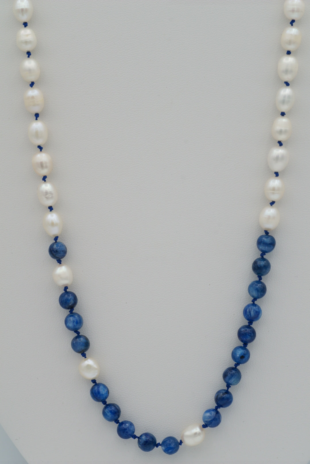 Oval Pearls with Kyanite on Blue Silk (long)