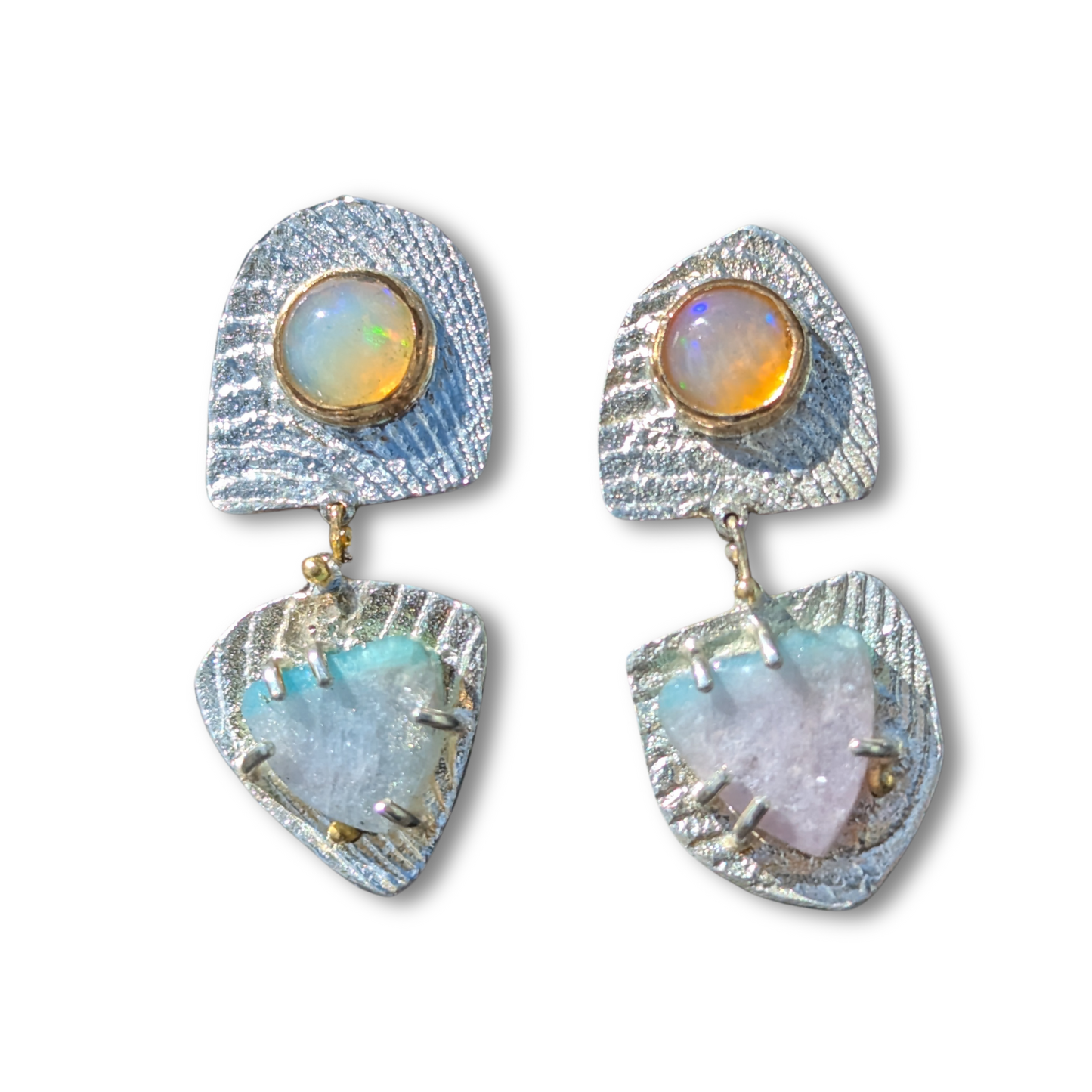 Long Silver, Paraiba Tourmaline Slice and Opal Ripple Stud Earrings