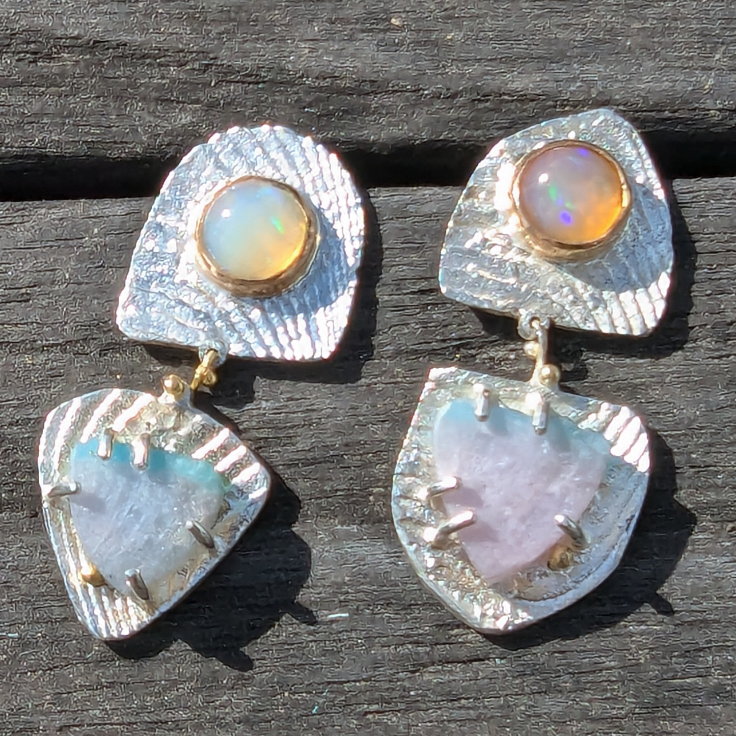 Long Silver, Paraiba Tourmaline Slice and Opal Ripple Stud Earrings